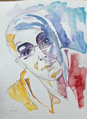 Abstrahiertes Aquarellportrait einer Frau in kontrastreichen und expressiven Farben